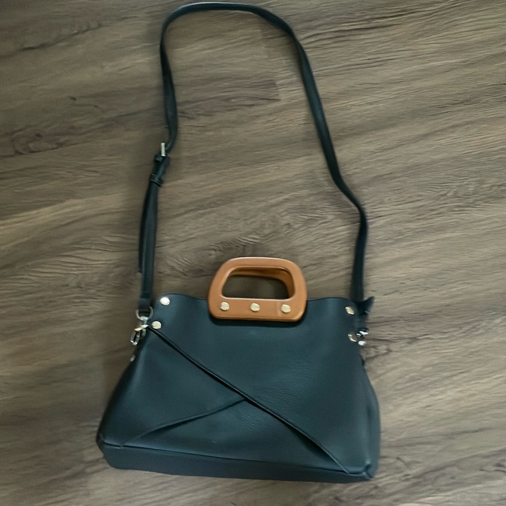 LIKE DREAMS Faux Leather Crossbody Hand bag with Brown Wooden Top Grab Handle